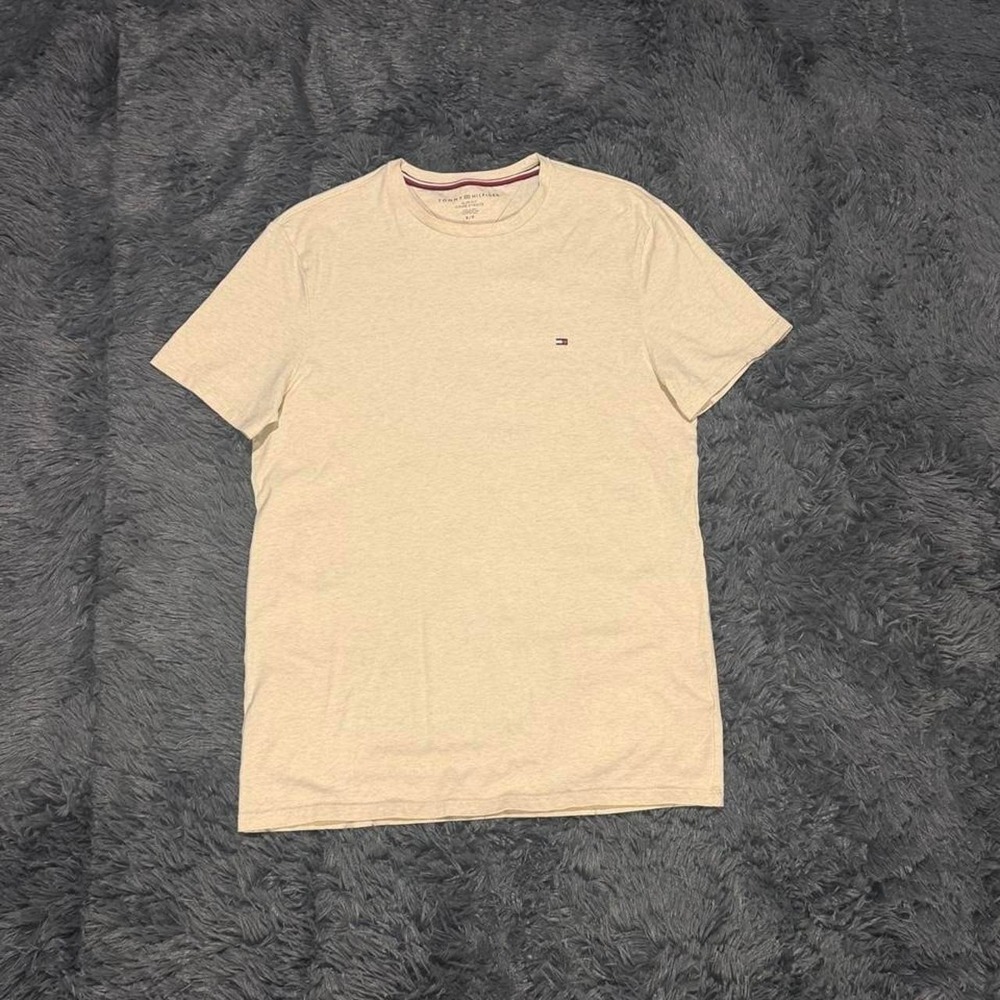 Tommy Hilfiger Mens Slim Fit T-Shirt Beige Heather Small Logo Crewneck Tee